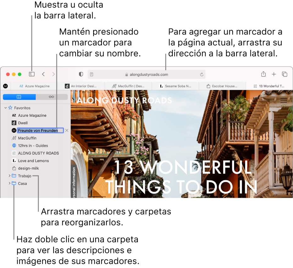 Una ventana de Safari que muestra los marcadores en la barra lateral. Un marcador está seleccionado para editar.