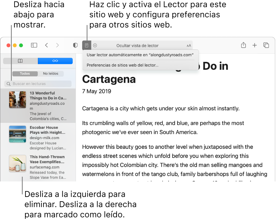 Una ventana de Safari con una lista de lectura visible.