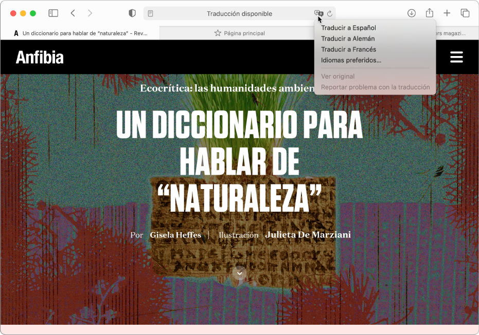 Una página web en español. El campo de búsqueda inteligente incluye el botón Traducir y muestra una lista de idiomas disponibles.