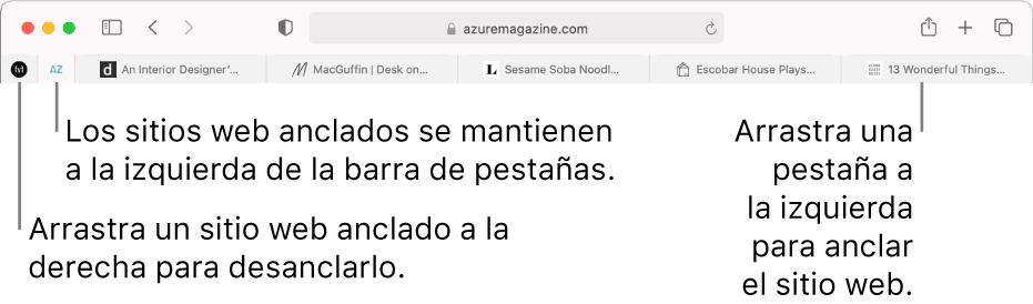 Sitios anclados en la barra de pestañas de Safari.
