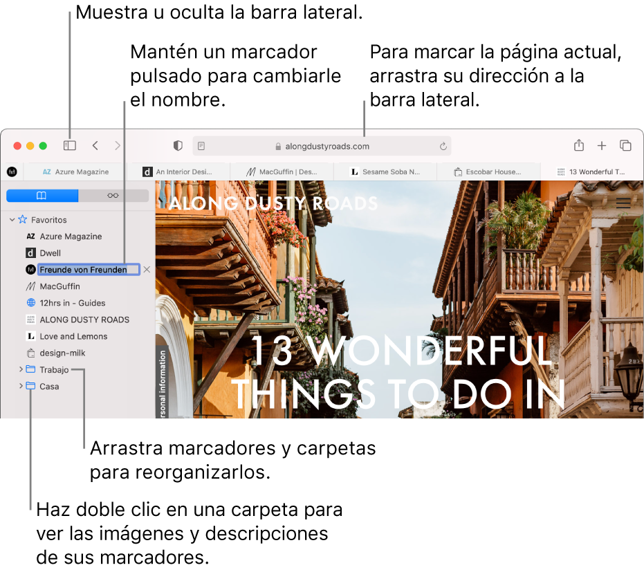 Una ventana de Safari con los marcadores en la barra lateral, con uno de ellos seleccionado para modificarlo.