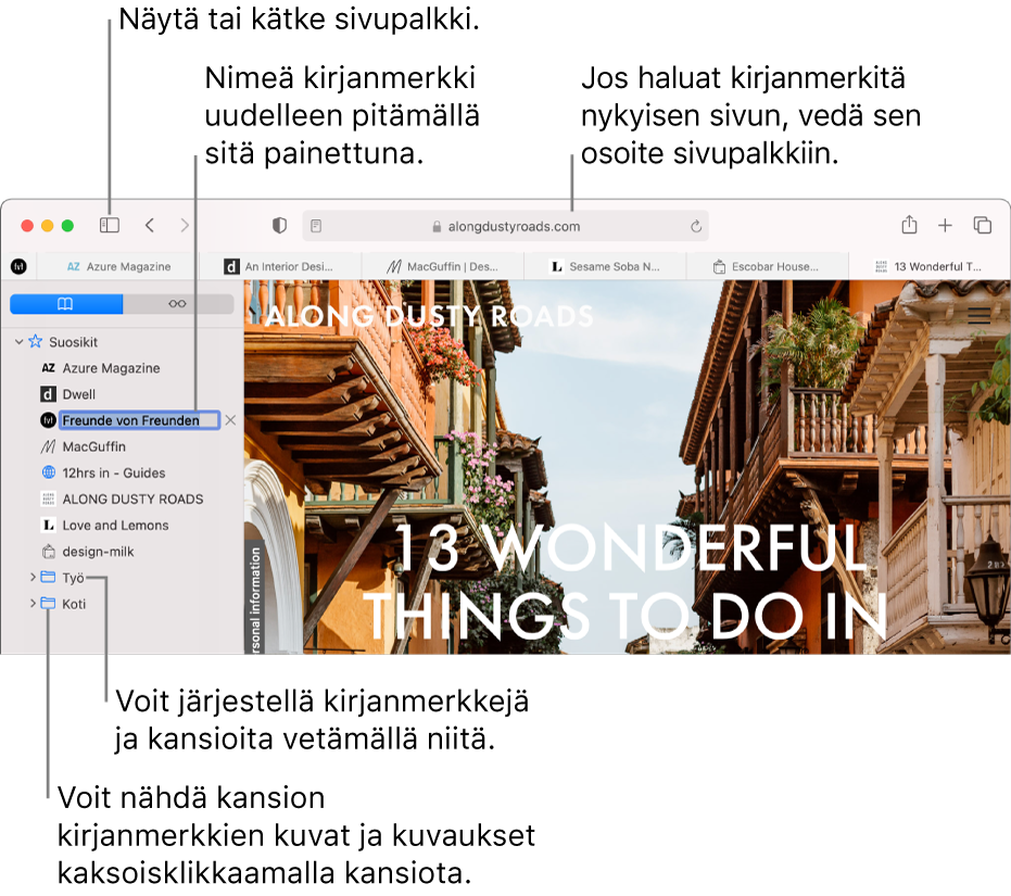 Safari-ikkuna, jonka sivupalkissa näkyy kirjanmerkkejä; yksi kirjanmerkki on valittu muokattavaksi.