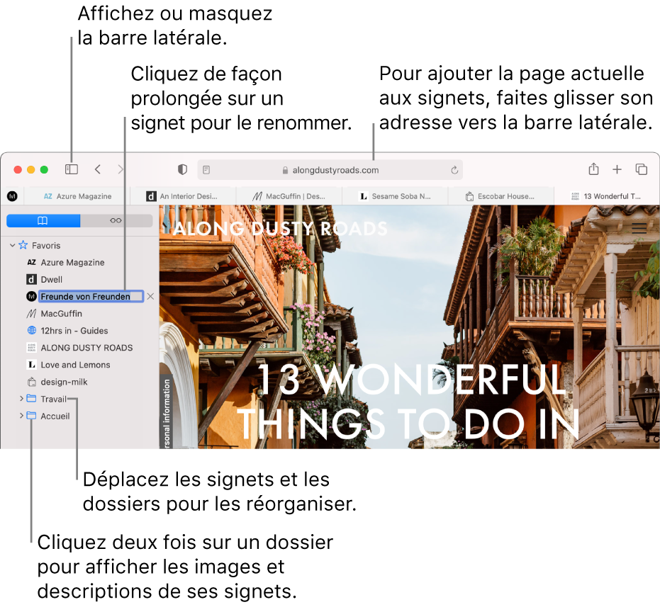 Une fenêtre Safari affichant les signets de la barre latérale; l’un d’eux est sélectionné en vue d’être modifié.