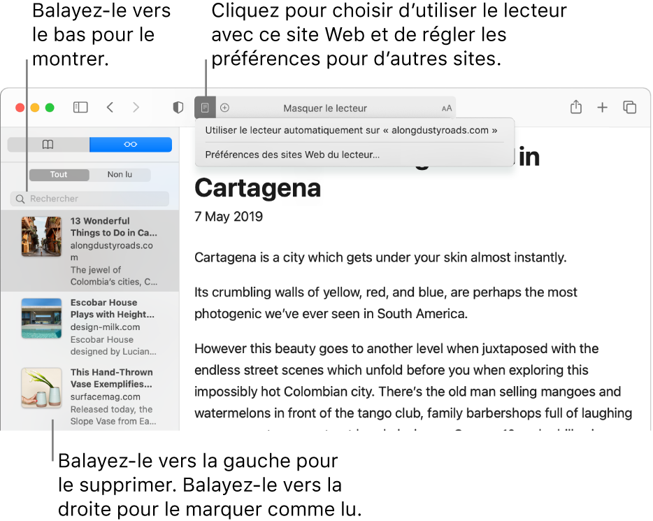 Une fenêtre Safari avec une liste de lecture.