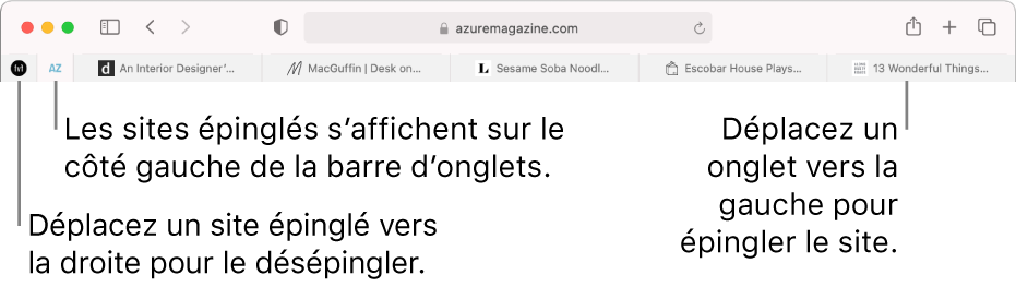 Sites épinglés dans la barre d’onglets de Safari.