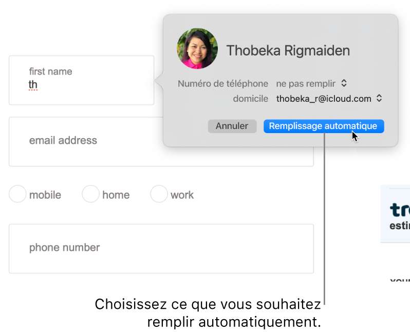 Un formulaire d’expédition avec une fiche de contact affichée et la fonction Remplissage automatique disponible.