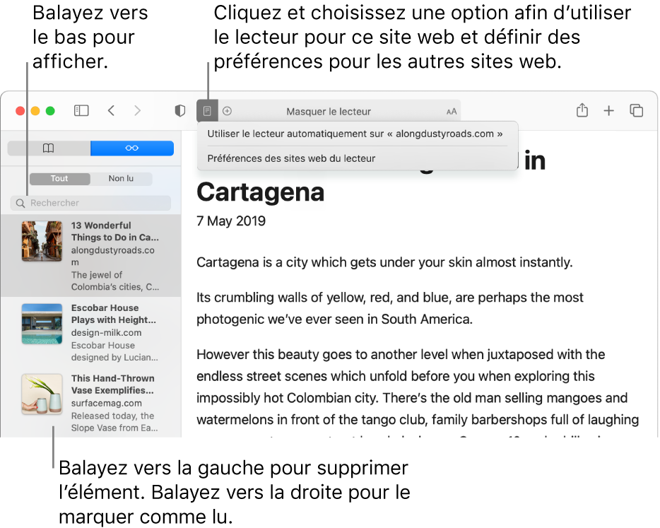 Une fenêtre Safari avec une liste de lecture.