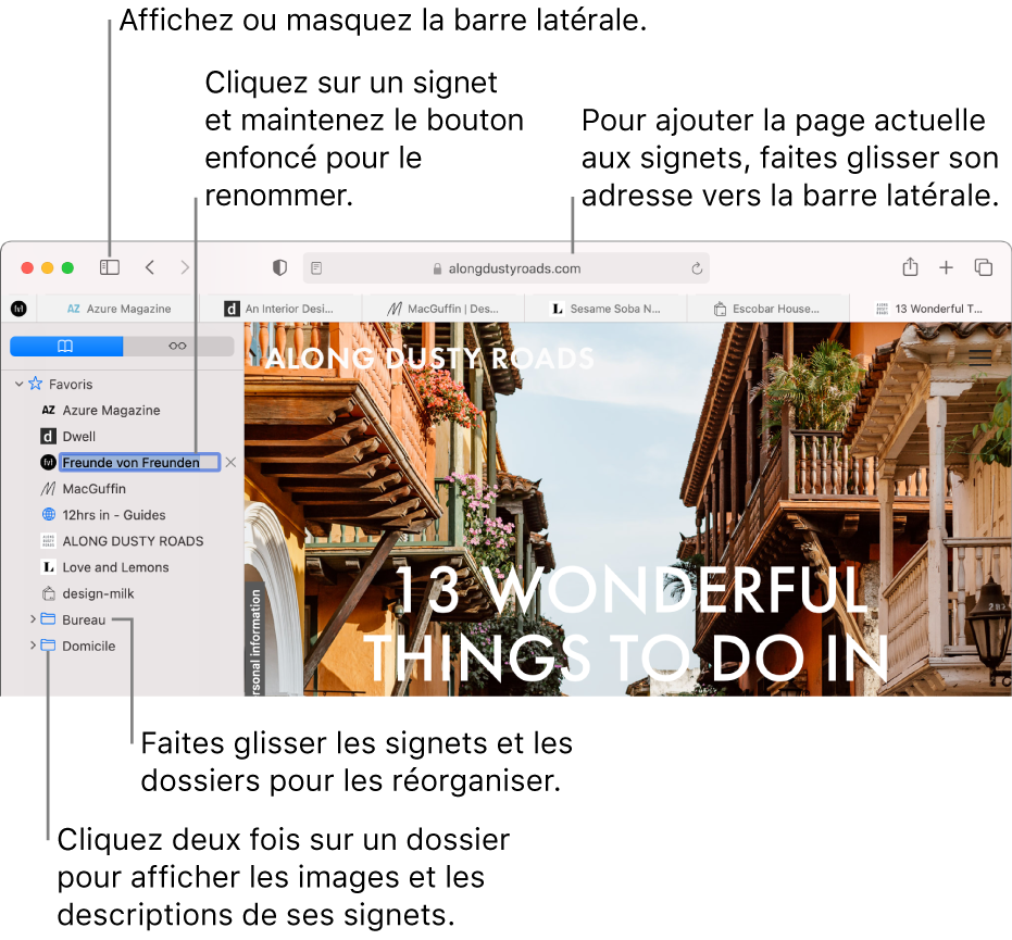 Une fenêtre Safari affichant les signets de la barre latérale ; l’un d’eux est sélectionné en vue d’être modifié.