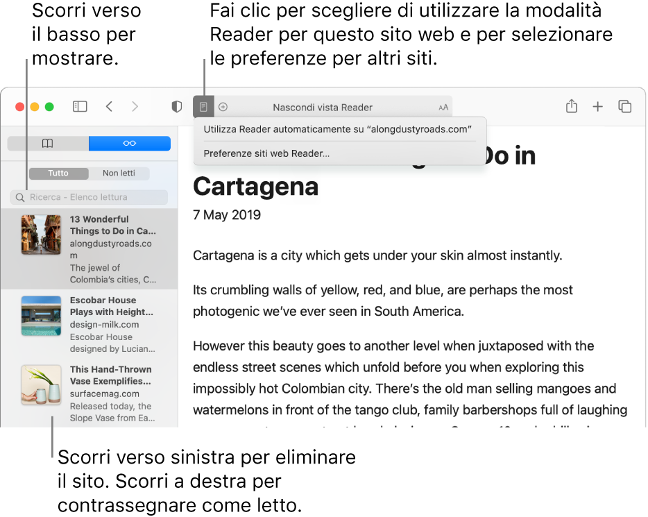Una finestra di Safari con “Elenco lettura”.