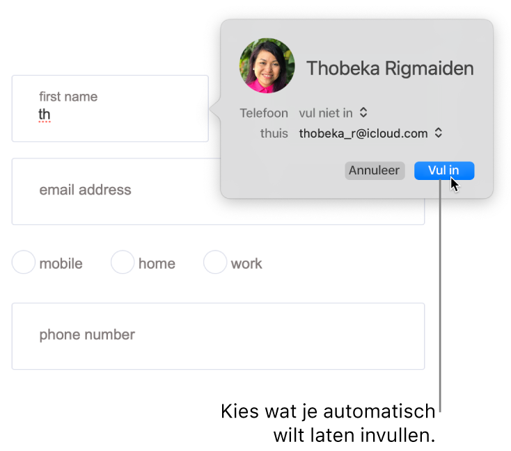 Een bestelformulier waarbij een contactpersoonkaart wordt weergegeven en automatisch invullen beschikbaar is.