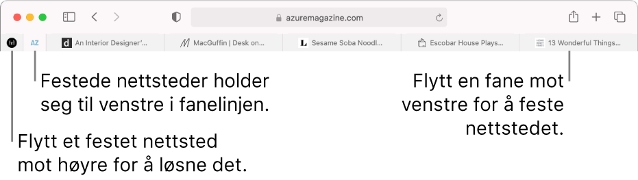 Festede nettsteder i Safari-fanelinjen.