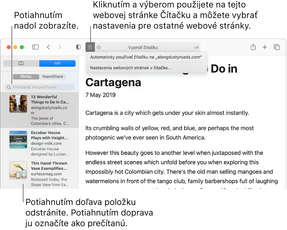 Okno Safari so zobrazeným zoznamom Na prečítanie.