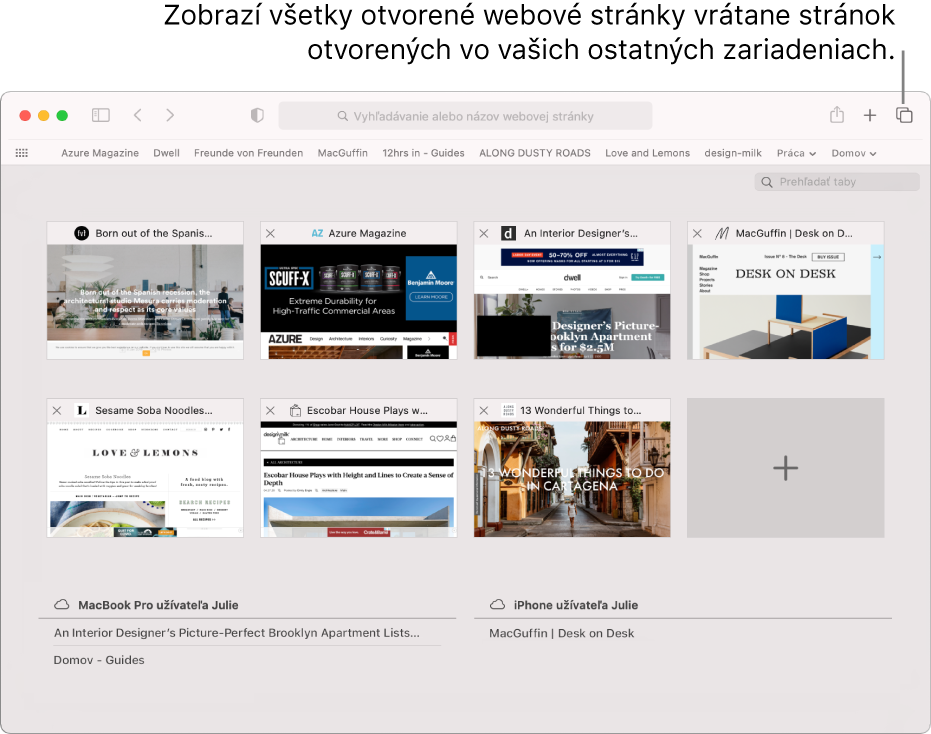 Panel s nástrojmi zobrazujúci tlačidlo Zobraziť prehľad tabov.