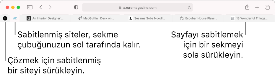 Safari sekme çubuğunda iğnelenmiş siteler.