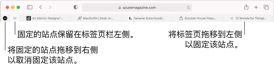 Safari 浏览器标签页栏中固定的站点。