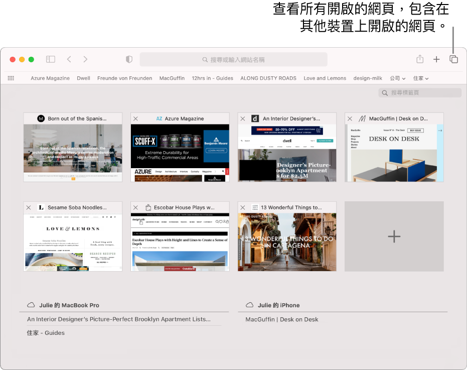 工具列顯示「顯示標籤頁概覽」按鈕。