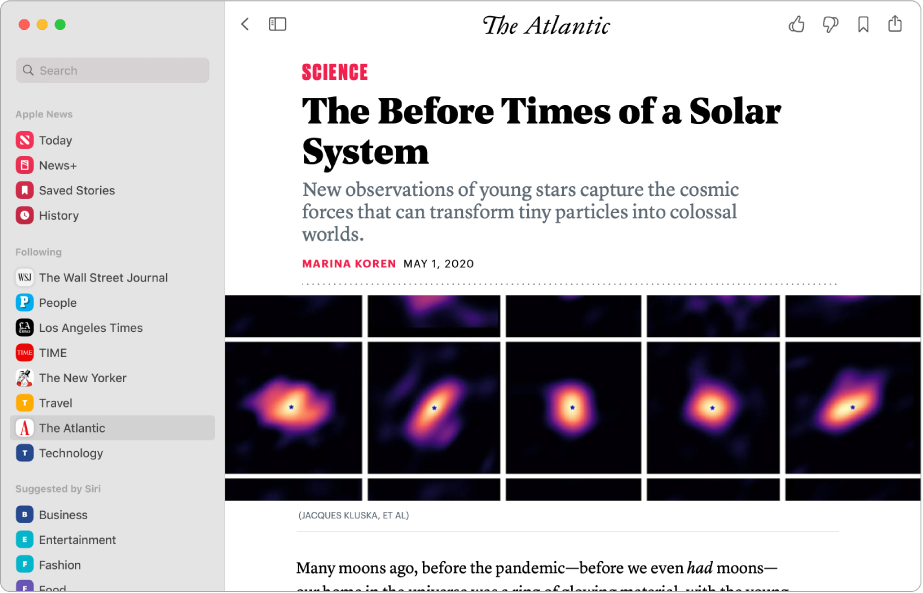 The Apple News window showing a channel selected in the sidebar and a story from the channel on the right.