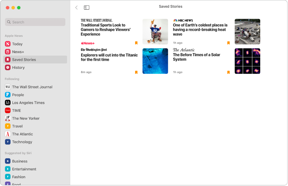 The Apple News window showing Saved Stories selected in the sidebar and four saved stories arranged in a grid on the right.