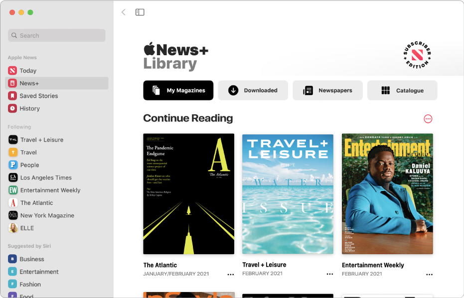 The Apple News window showing News+ selected in the sidebar. In the Apple News+ Library on the right, the My Magazines collection is selected. Below the title Continue Reading, issues are arranged in a grid.