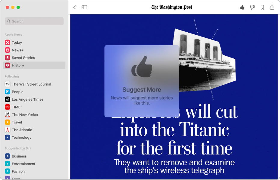 The Apple News window showing the sidebar on the left and a story on the right. The Suggest More button is selected in the toolbar and the Suggest More banner, displayed briefly when you click Suggest More, appears over the story.