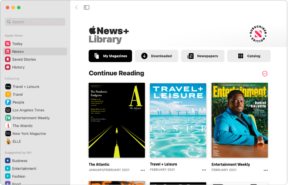 The Apple News window showing News+ selected in the sidebar. In the Apple News+ Library on the right, the collection My Magazines is selected. Below the title Continue Reading, issues are arranged in a grid.