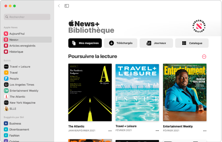 La fenêtre Apple News qui affiche News+ sélectionnée dans la barre latérale. Dans la bibliothèque Apple News+ à droite, la collection Mes magazines est sélectionnée. Sous le titre Poursuivre la lecture, les numéros sont disposés dans une grille.