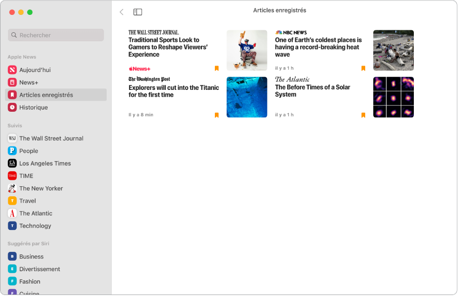La fenêtre Apple News affichant les Articles enregistrés est sélectionnée dans la barre latérale et quatre articles enregistrés présentés sous forme de grille s’affichent sur la droite.
