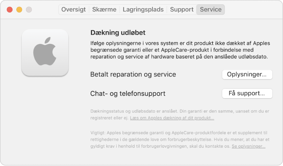 Vinduet Service i Oplysninger om system. I vinduet vises, at Mac ikke længere er dækket af begrænset garanti. Knapperne Oplysninger og Få support er til højre.