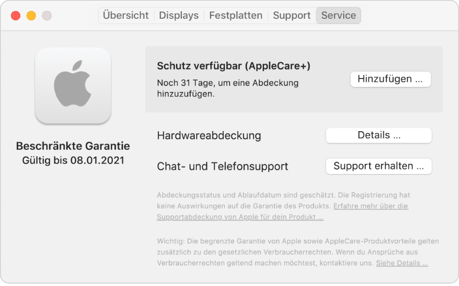 Der Bereich „Service“ in den Systeminformationen. Der Bereich zeigt, dass für den Mac eine beschränkte Garantie gilt und dass er für AppleCare+ qualifiziert ist. Die Tasten „Hinzufügen“, „Details“ und „Support erhalten“ befinden sich rechts.