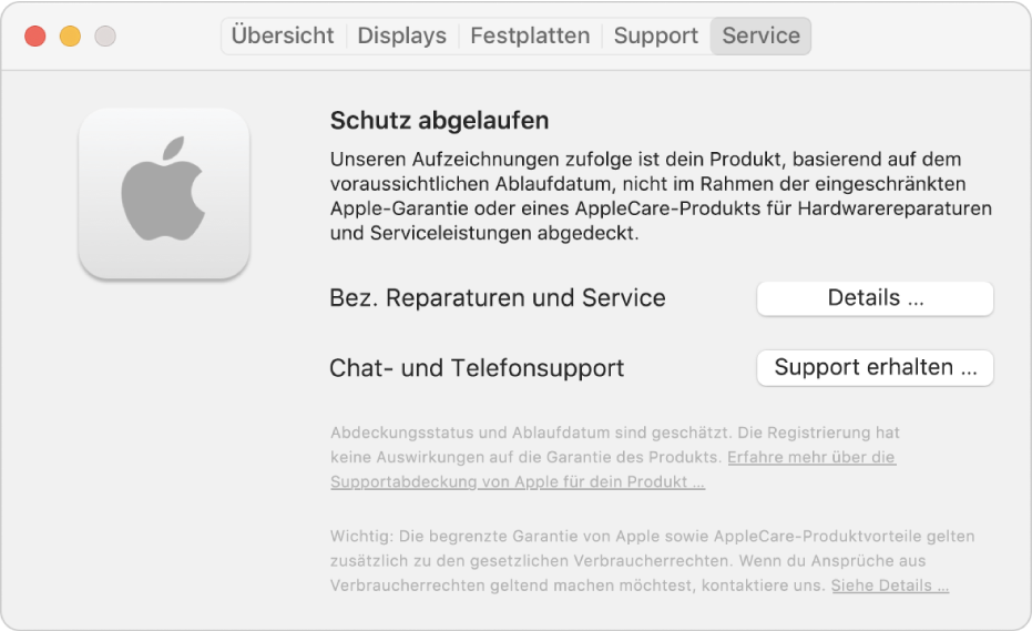 Der Bereich „Service“ in den Systeminformationen. Der Bereich zeigt, dass der Mac nicht mehr durch die beschränkte Garantie geschützt ist. Die Tasten „Details“ und „Support erhalten“ befinden sich rechts.