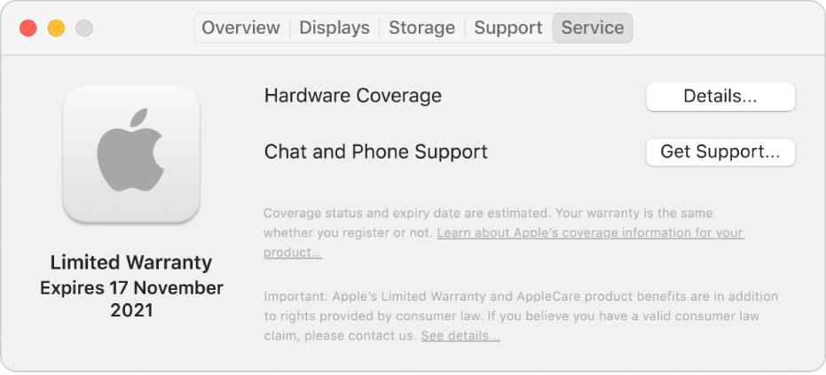The Service pane in System Information. The pane shows the Mac is covered under a limited warranty and the expiration date. The Details and Get Support buttons are on the right.