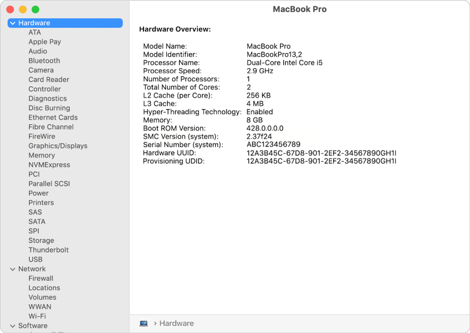 The Hardware specifications section of a system report.