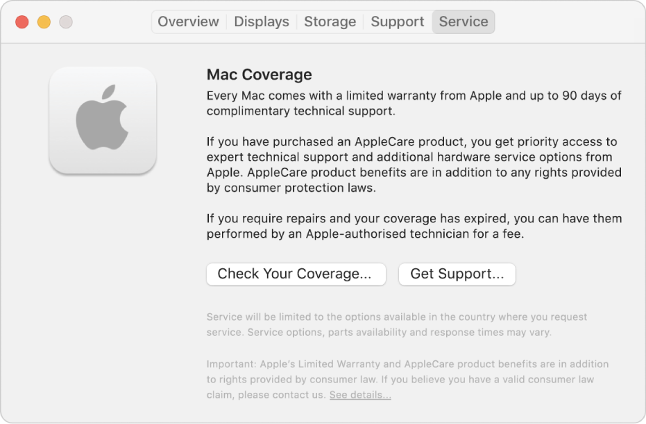 The Service pane in System Information. The pane shows information about Mac technical support coverage. The Check Your Coverage and Get Support buttons are near the bottom.