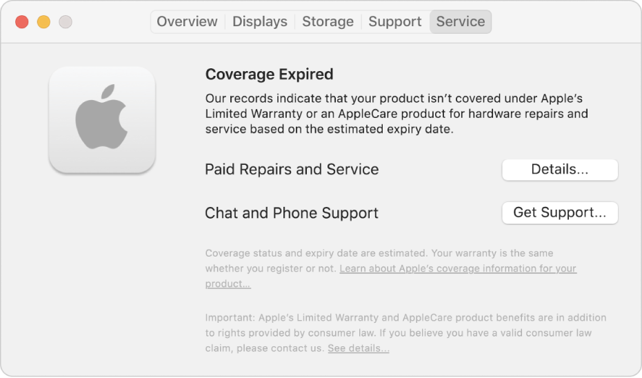 The Service pane in System Information. The pane shows the Mac is no longer covered under Limited Warranty. The Details and Get Support buttons are on the right.