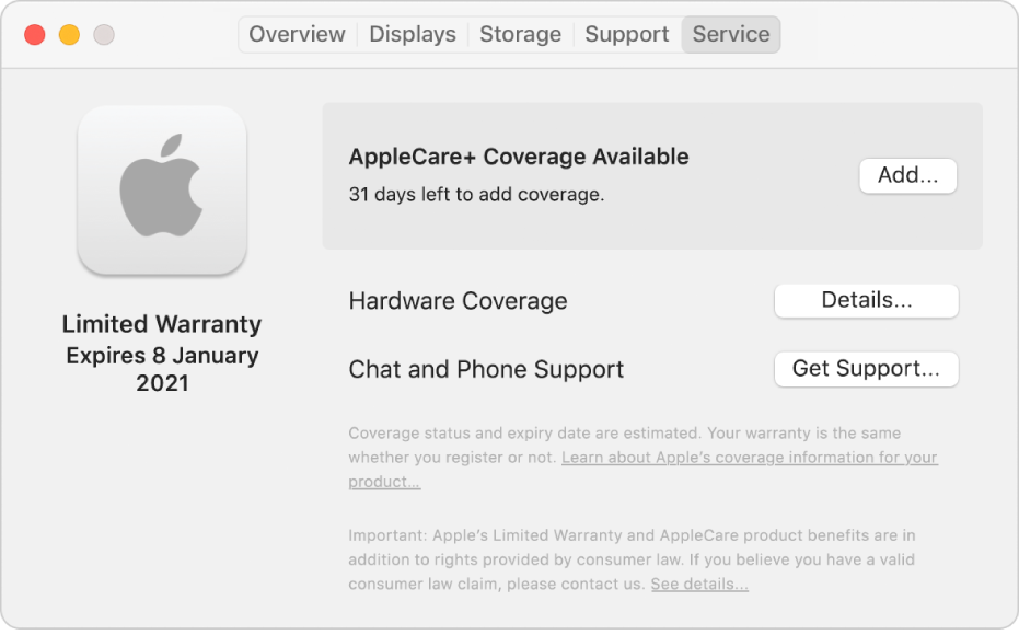 The Service pane in System Information. The pane shows the Mac is covered under Limited Warranty and is eligible for AppleCare+. The Add, Details and Get Support buttons are on the right.