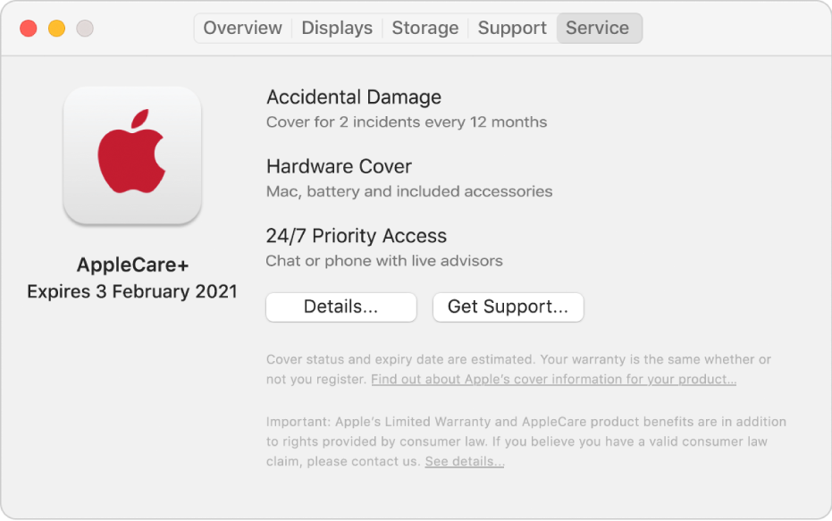 The Service pane in System Information. The pane shows the Mac is covered under AppleCare+. The Details and Get Support buttons are near the bottom.
