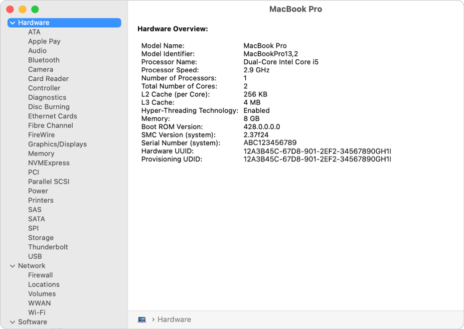 The Hardware specifications section of a system report.