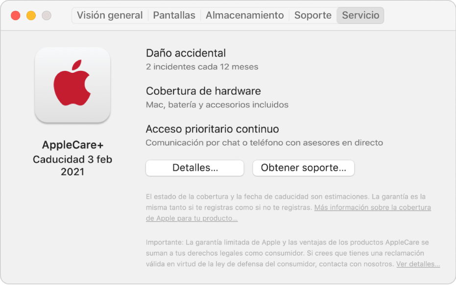 El panel Servicio del cuadro “Información del Sistema”. El panel indica que el Mac está cubierto por AppleCare+. En la parte de abajo aparecen los botones Detalles y “Obtener soporte”.