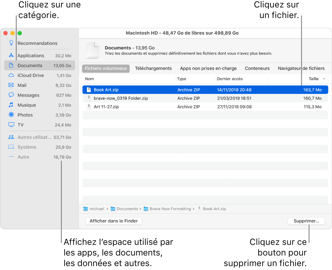 Triez les catégories de fichier pour afficher l’espace utilisé, pour rechercher des fichiers et pour supprimer les fichiers dont vous n’avez plus besoin.