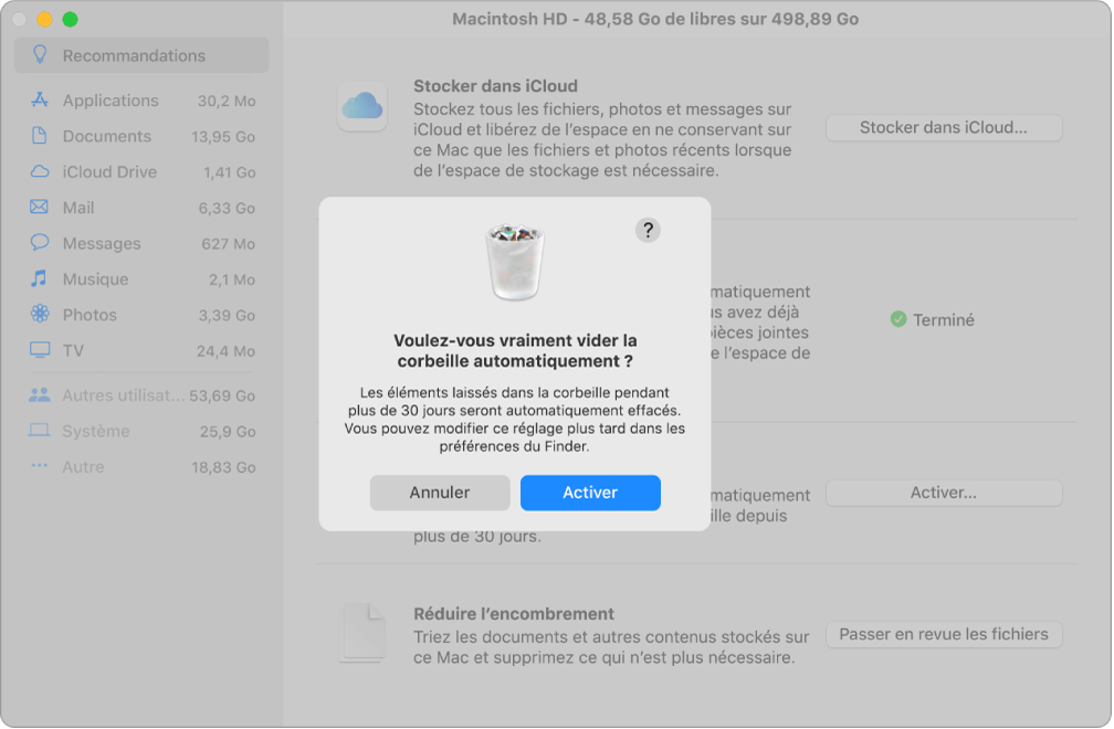 Zone de dialogue Voulez-vous vraiment vider la corbeille automatiquement dans la fenêtre Recommandations de stockage.