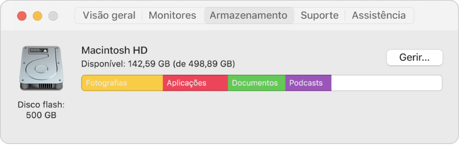 O painel Armazenamento, na Informação do Sistema, a mostrar uma representação gráfica da capacidade de armazenamento.