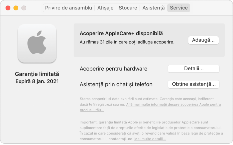 Panoul Service în Informații sistem. Panoul arată că Mac‑ul este acoperit de garanția limitată și că este eligibil pentru AppleCare+. Butoanele Adaugă, Detalii și Obține asistență se află în partea dreaptă.