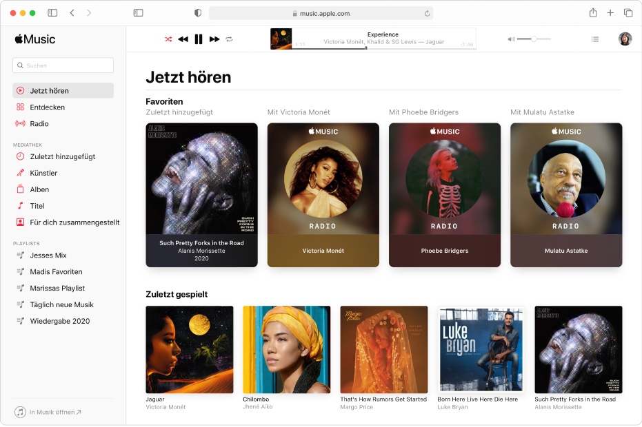 Das Fenster der Apple-App „Musik“ in Safari zeigt „Jetzt hören“.