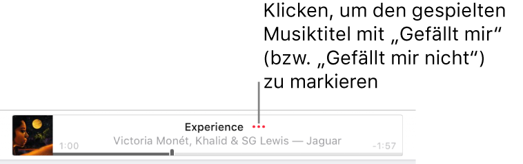 Der obere Bereich von Apple Music zeigt einen Musiktitel, der gerade zu hören ist. Klicke neben dem Musiktitel auf die Taste „Mehr“, um für den gerade gespielten Titel „Favorit“ oder „Weniger solche Vorschläge“ festzulegen.