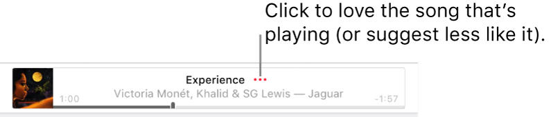 The top of Apple Music with a song playing. Click the More button next to the song title to love the song that’s playing or suggest less like it.