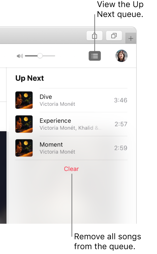 The Up Next button at the top-right corner of Apple Music is selected and the queue is visible. Click the Clear link at the bottom of the list to remove all songs from the queue.