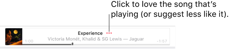The top of Apple Music with a song playing. Click the More button next to the song title to love the song that’s playing or suggest less like it.