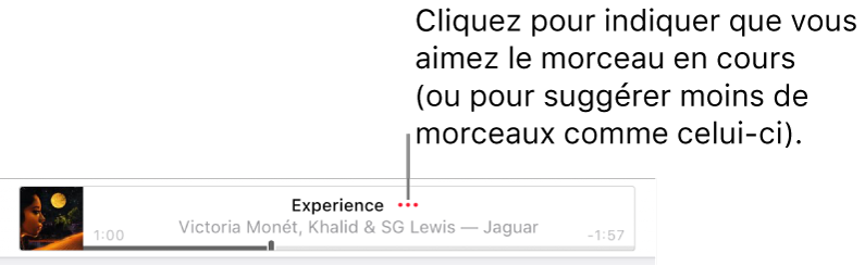 La partie supérieure d’Apple Music avec un morceau en cours de lecture. Cliquez sur le bouton Plus en regard du titre du morceau pour aimer le morceau en cours de lecture ou pour que moins de morceaux similaires vous soient suggérés.