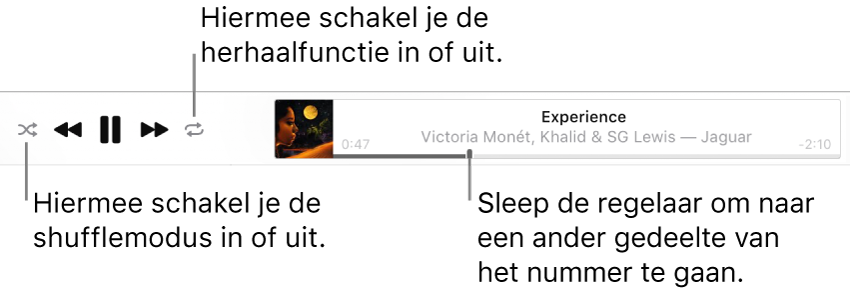De bovenkant van de Apple Music-pagina waarin een nummer wordt afgespeeld. De afspeelregelaars bevinden zich aan de linkerkant. De shuffleknop staat links van de afspeelregelaars en de herhaalknop staat rechts van de regelaars. Sleep de afspeelkop om een ander deel van het nummer te beluisteren.