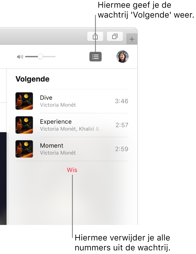 De knop 'Volgende' rechtsboven op de Apple Music-pagina is geselecteerd en de wachtrij is zichtbaar. Met de link 'Wis' onder aan de lijst worden alle nummers uit de wachtrij verwijderd.